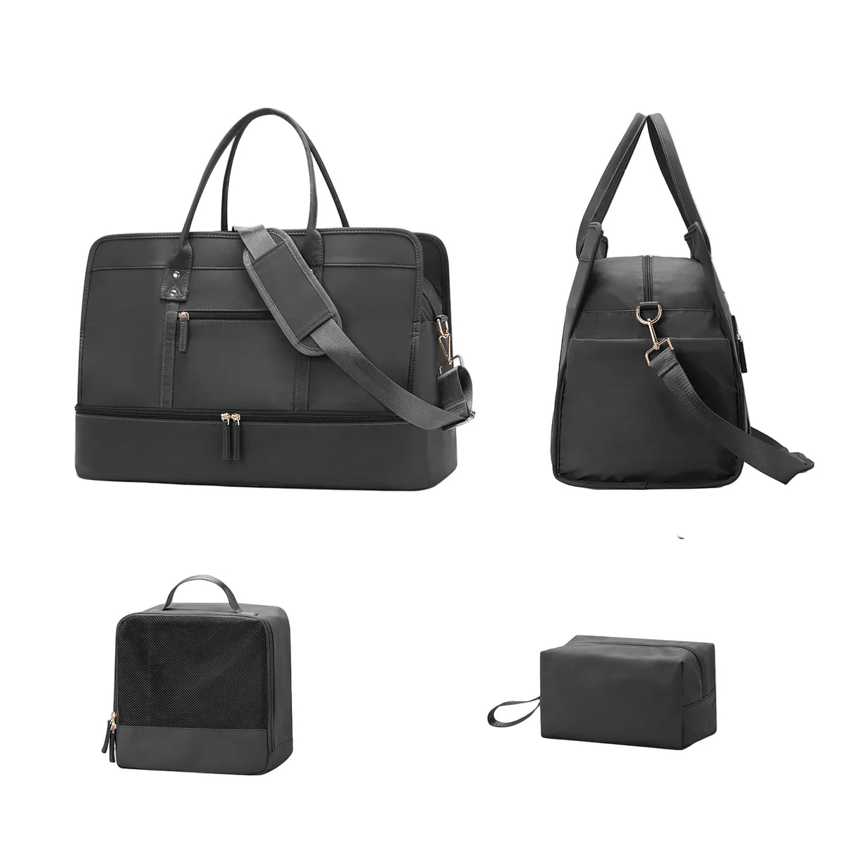 Set Sac de Voyage Femme Nylon – Sac Vêtements & Trousse de Toilette Inclus (Noir)