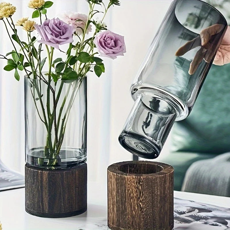 Glass Vase with Wooden Base — Hydroponic Floral Decoration, Modern Design