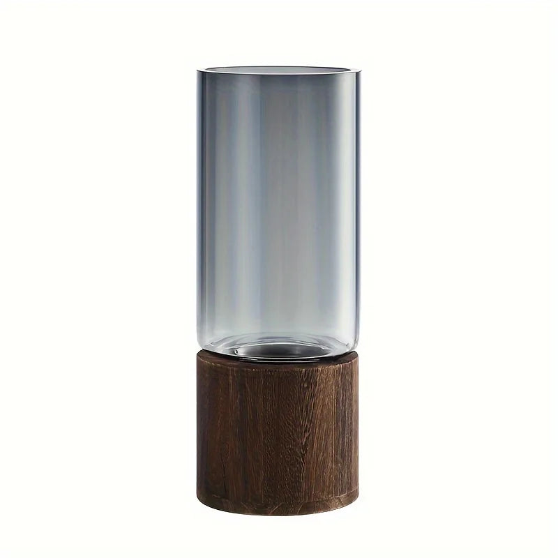 Glass Vase with Wooden Base — Hydroponic Floral Decoration, Modern Design