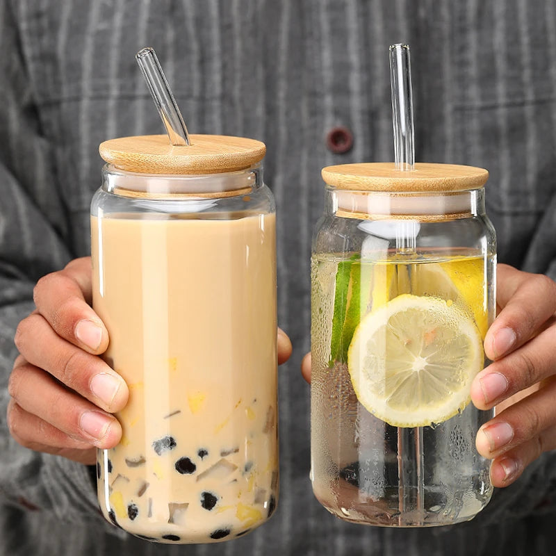 Tasse en Verre 550ml avec Couvercle Bois et Paille - Gobelet Transparent Polyvalent