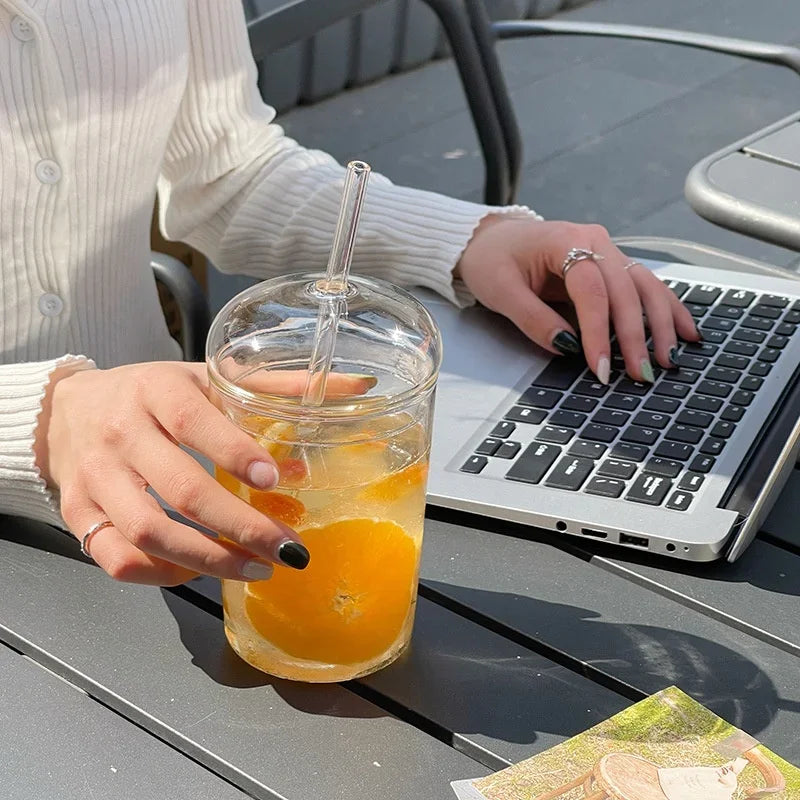 Verre à Bière en Forme de Canette 450ml avec Paille - Gobelet Transparent Café Glacé