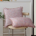 Housse de Coussin Tissée Rose 45x45cm - Pompons Décoratifs pour Salon & Canapé
