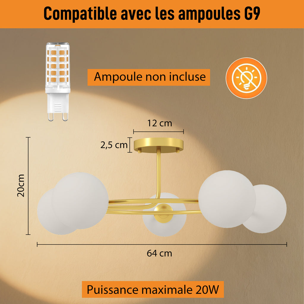 Plafonnier lustre moderne, luminaire plafonnier à 5 lumières avec culot G9, montage semi-affleurant, doré et blanc
