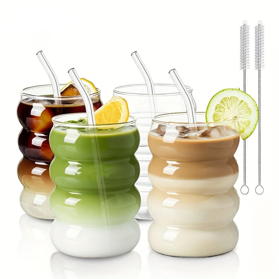 Tasse à Café en Verre Borosilicate 350ml avec Paille - Design Ondulation Vintage