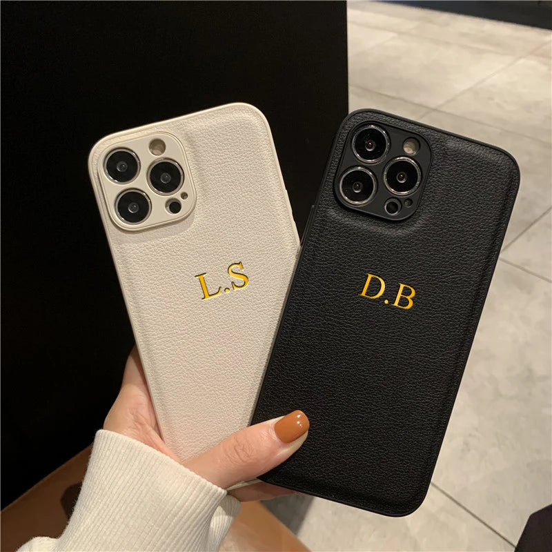 Coque iPhone Personnalisée en Cuir PU — Initiales & Prénom sur Mesure, Cadeau Luxe