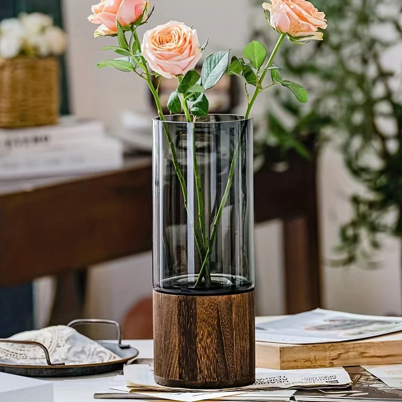 Glass Vase with Wooden Base — Hydroponic Floral Decoration, Modern Design