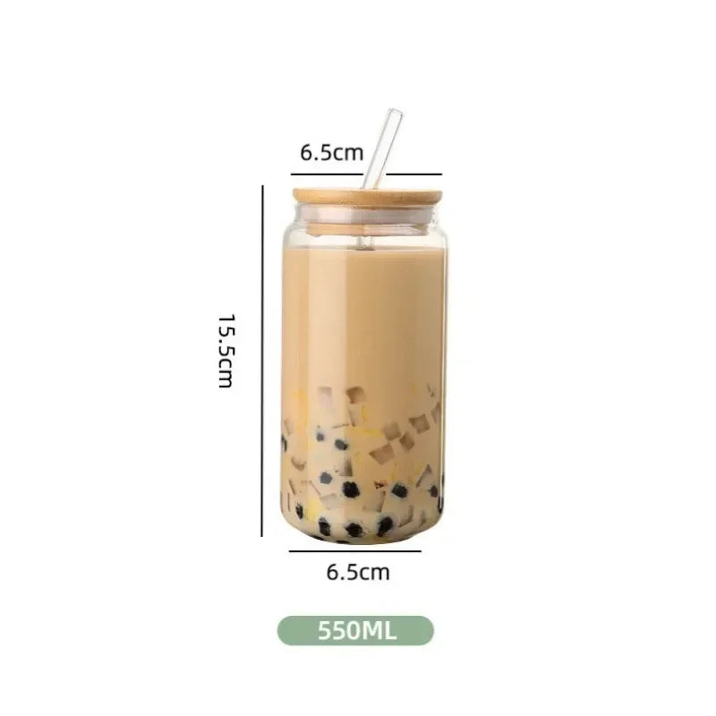 Tasse en Verre 550ml avec Couvercle Bois et Paille - Gobelet Transparent Polyvalent