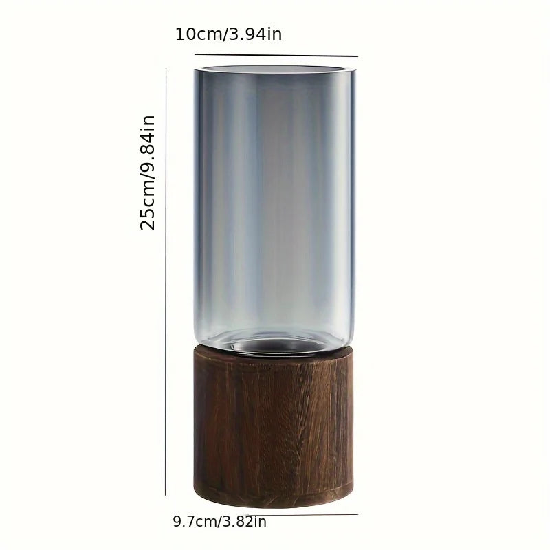 Glass Vase with Wooden Base — Hydroponic Floral Decoration, Modern Design