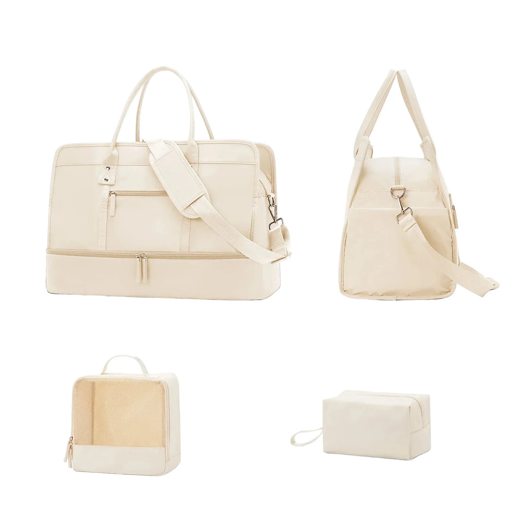 Set Sac de Voyage Femme Nylon – Sac Vêtements & Trousse de Toilette Inclus (Beige)