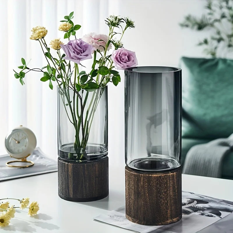 Glass Vase with Wooden Base — Hydroponic Floral Decoration, Modern Design