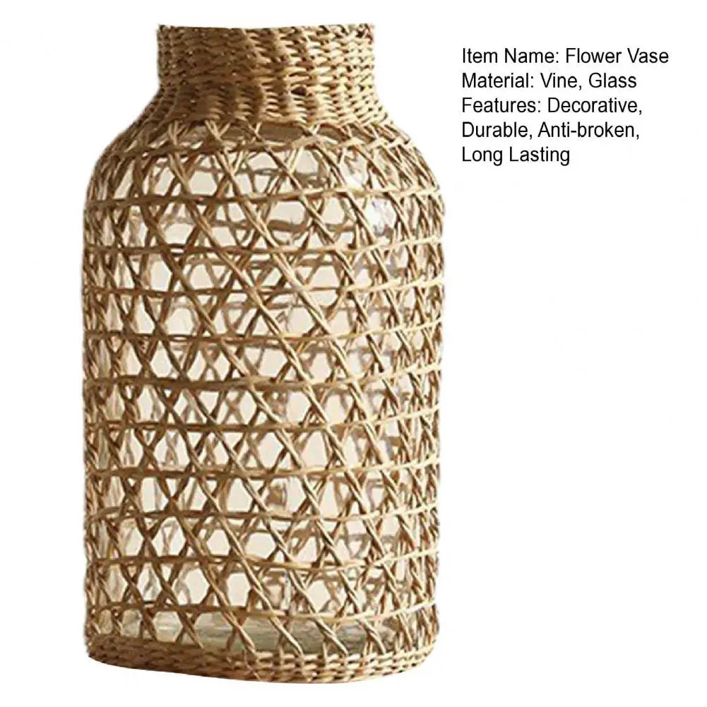 Vase en Paille Tressée et Verre – Design Japonais Artisanal pour Décoration Intérieure
