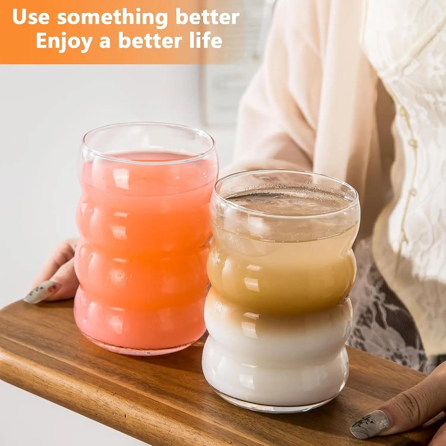 Tasse à Café en Verre Borosilicate 350ml avec Paille - Design Ondulation Vintage