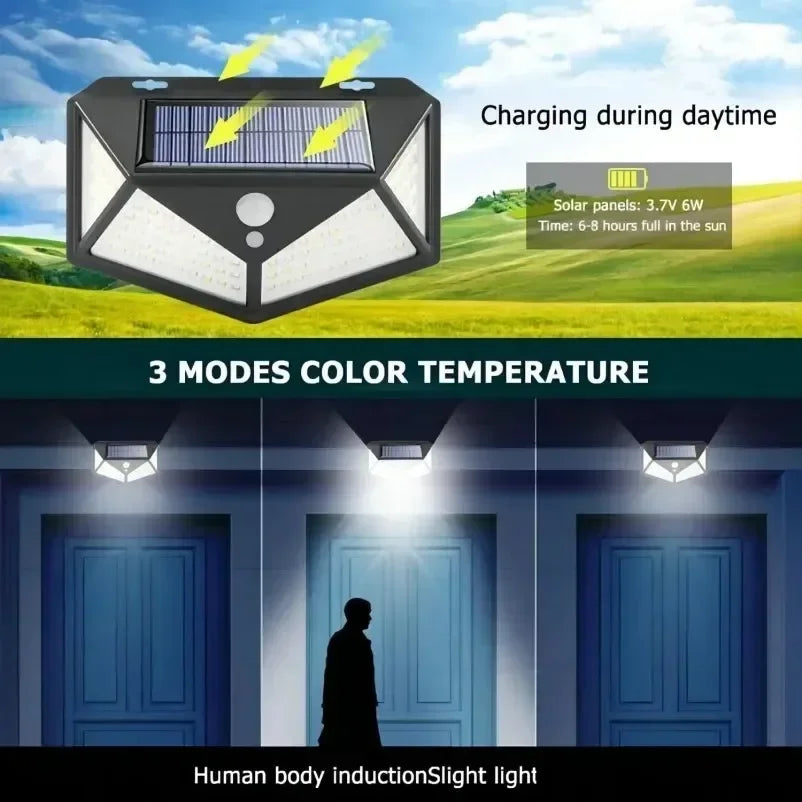 Lampe Solaire LED 100 LED – Détecteur de Mouvement PIR, Éclairage Extérieur IP65, 3 Modes