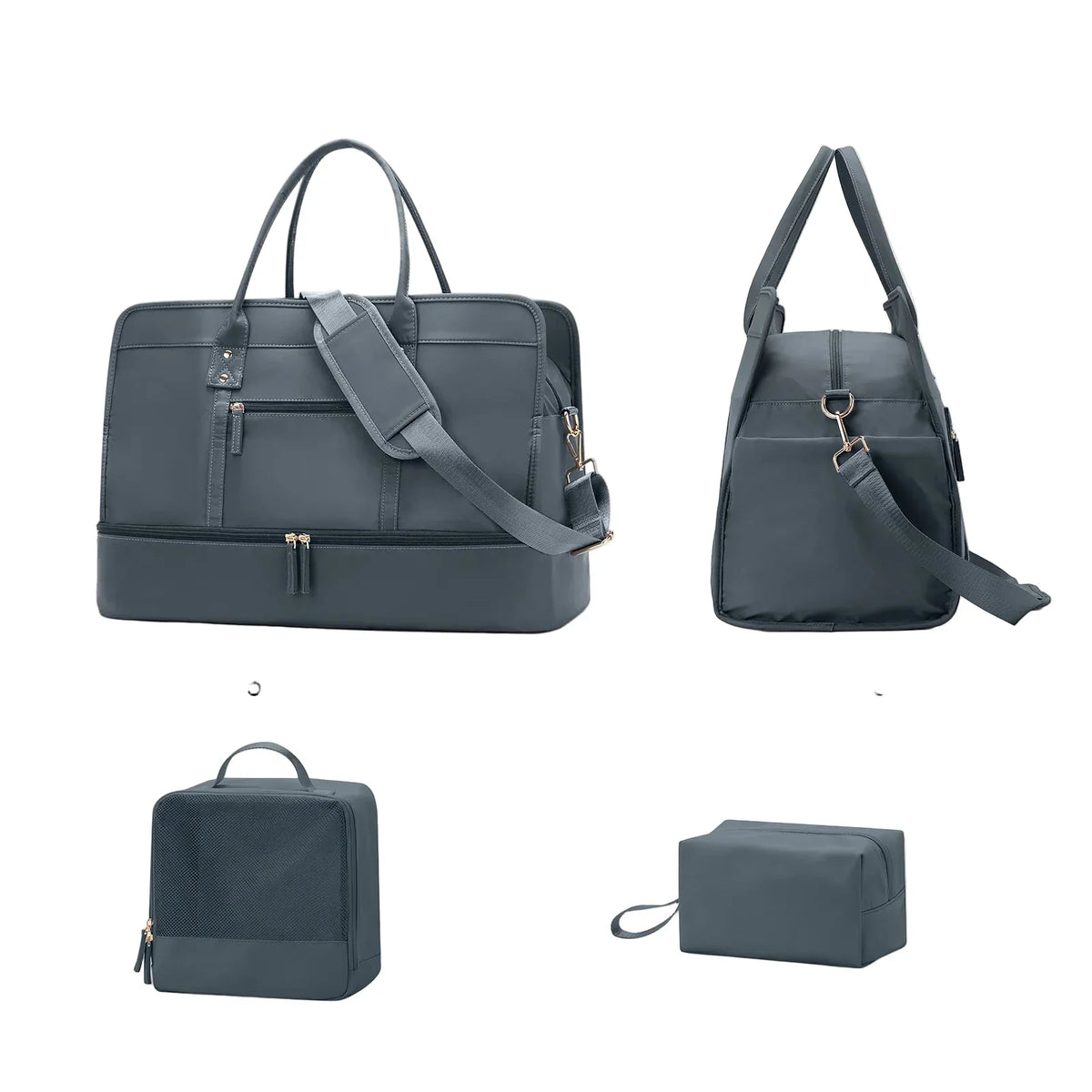 Set Sac de Voyage Femme Nylon – Sac Vêtements & Trousse de Toilette Inclus (Gris)