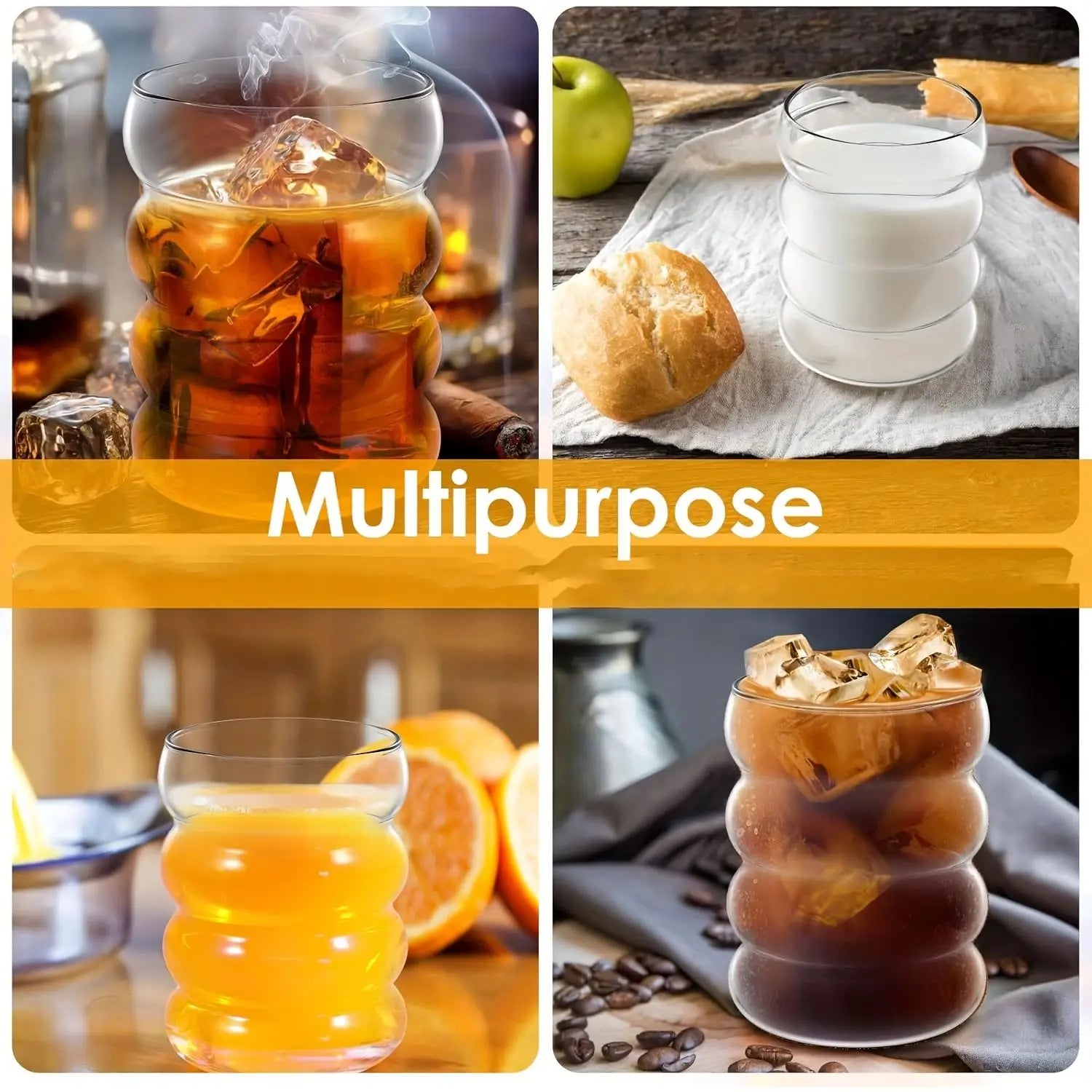 Tasse à Café en Verre Borosilicate 350ml avec Paille - Design Ondulation Vintage