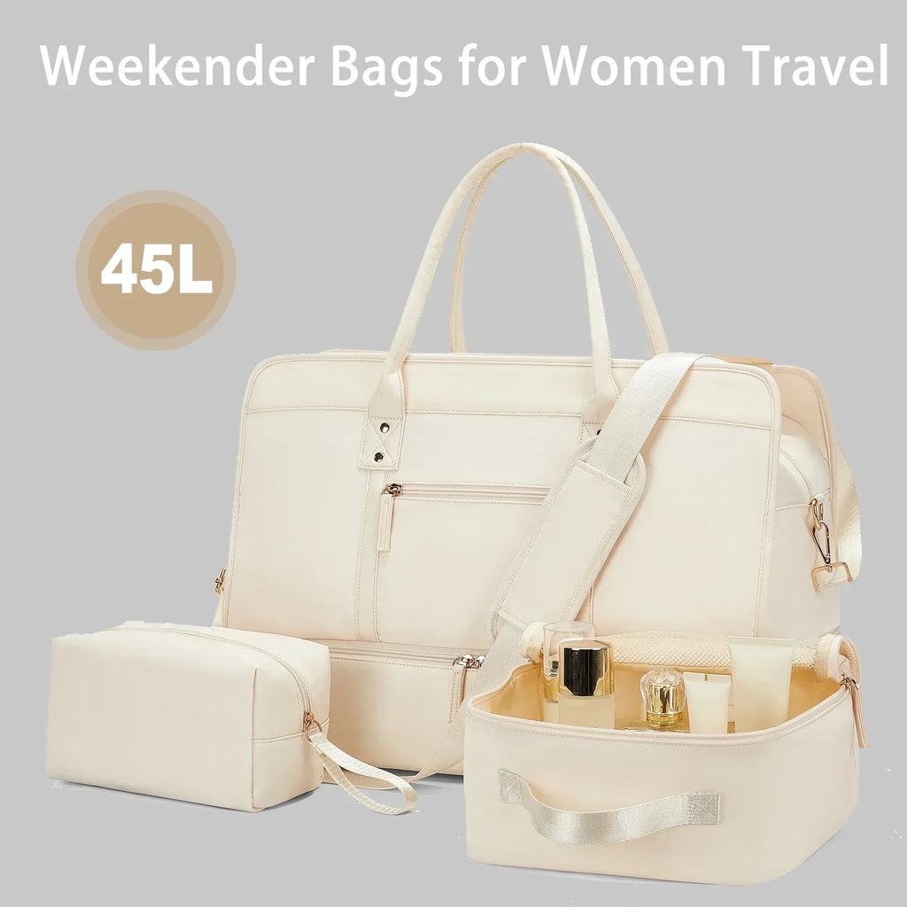 Set Sac de Voyage Femme Nylon – Sac Vêtements & Trousse de Toilette Inclus (Beige)