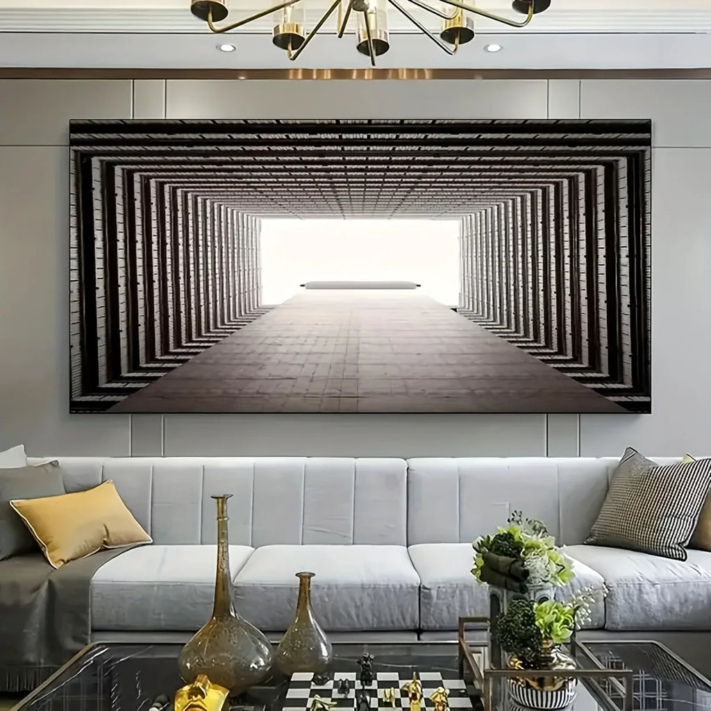 Tableau Toile Illusion Optique Tunnel 3D - Art Abstrait Monochrome Sans Cadre