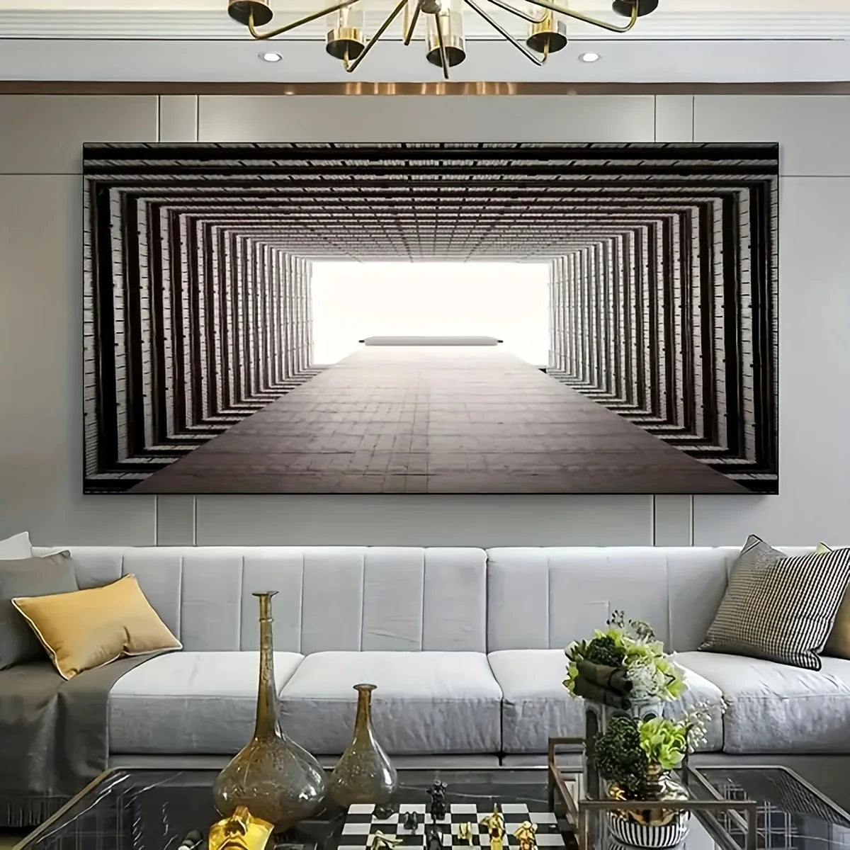 Tableau Toile Illusion Optique Tunnel 3D - Art Abstrait Monochrome Sans Cadre