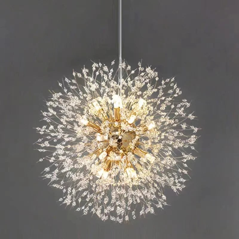 Lustre Cristal Pissenlit LED – Pendentif Boule de Feu Étoilée | Chrome & Or | 110V/220V