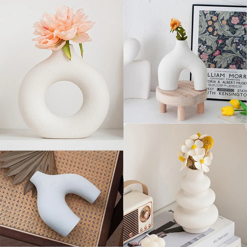 Lot de 3 Vases en Céramique Blancs – Design Nordique Moderne avec Finitions Dorées