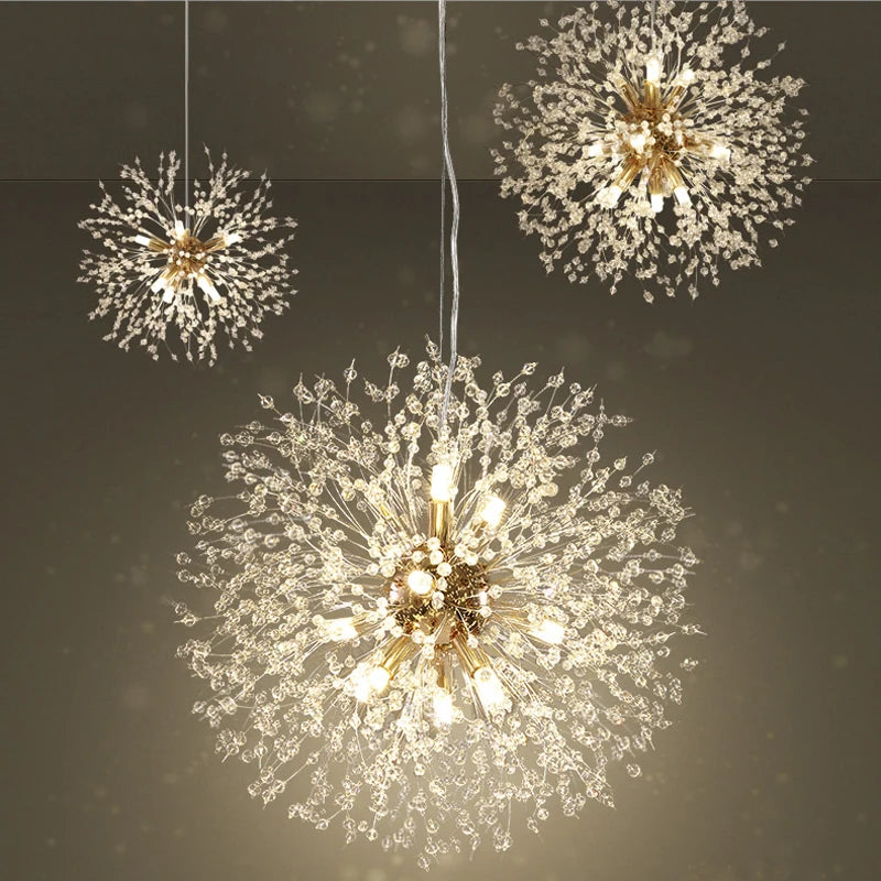 Lustre Cristal Pissenlit LED – Pendentif Boule de Feu Étoilée | Chrome & Or | 110V/220V