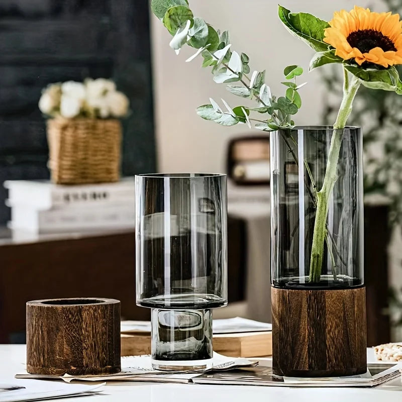 Glass Vase with Wooden Base — Hydroponic Floral Decoration, Modern Design