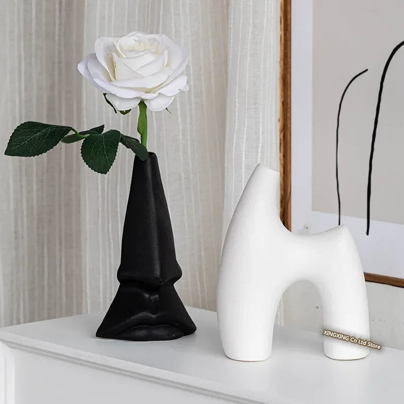 Vase à fleurs en céramique d'art noir et blanc, décoration nordique, minimalisme, fleurs séchées, accessoires de Gand, ornement B & B, maison