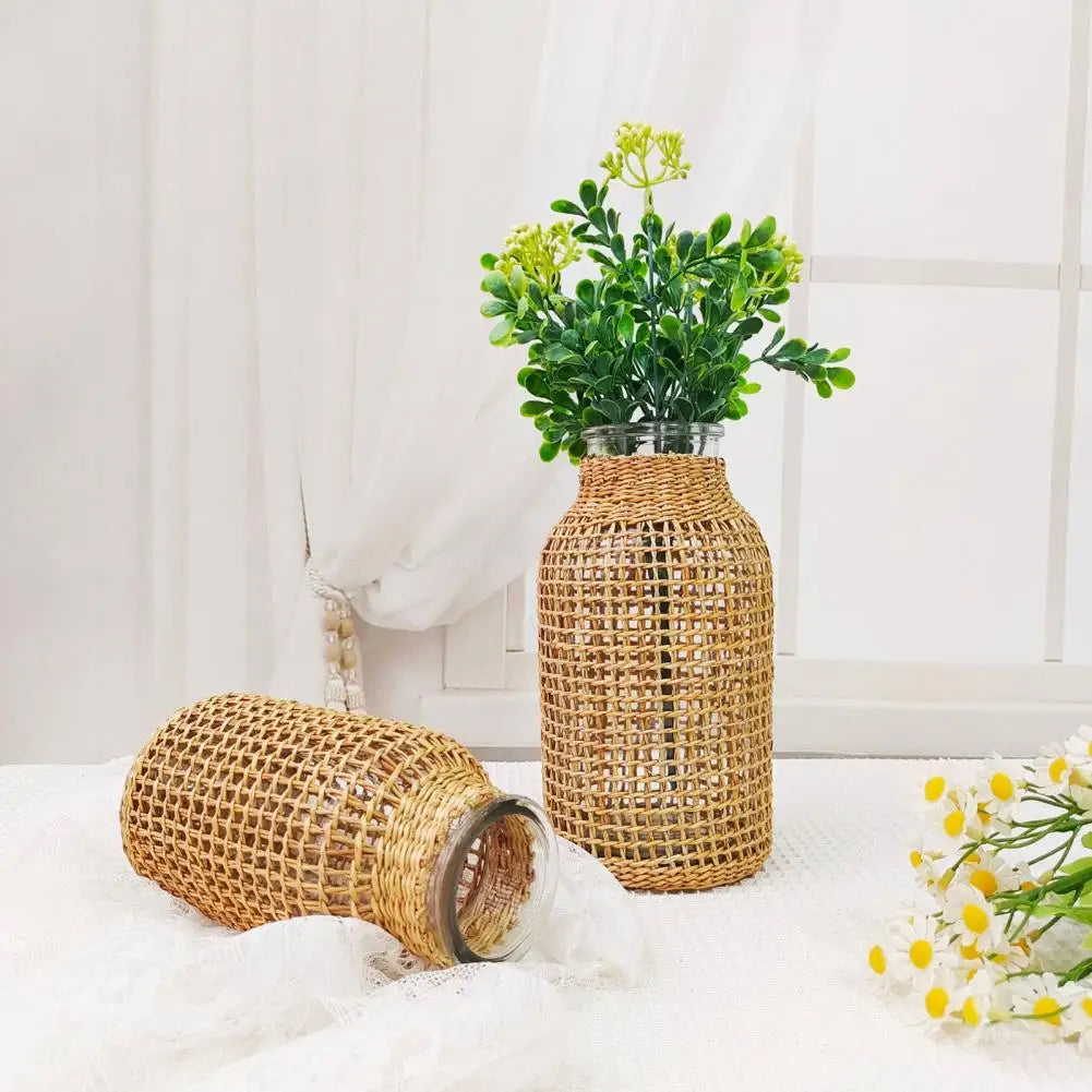 Vase en Paille Tressée et Verre – Design Japonais Artisanal pour Décoration Intérieure