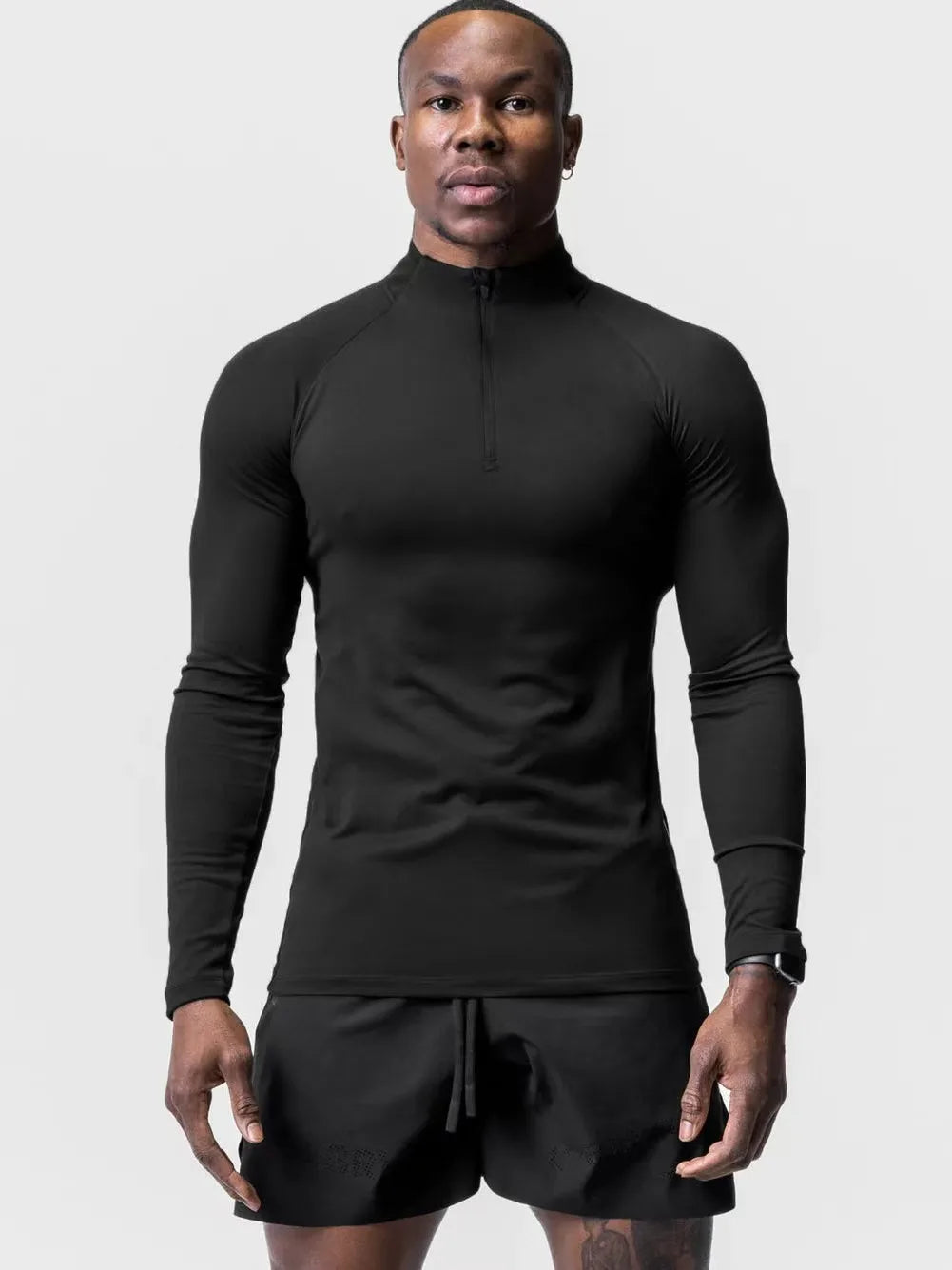 T-Shirt de Compression Sport Homme Manches Longues - Col Montant Demi-Zip pour Running et Fitness