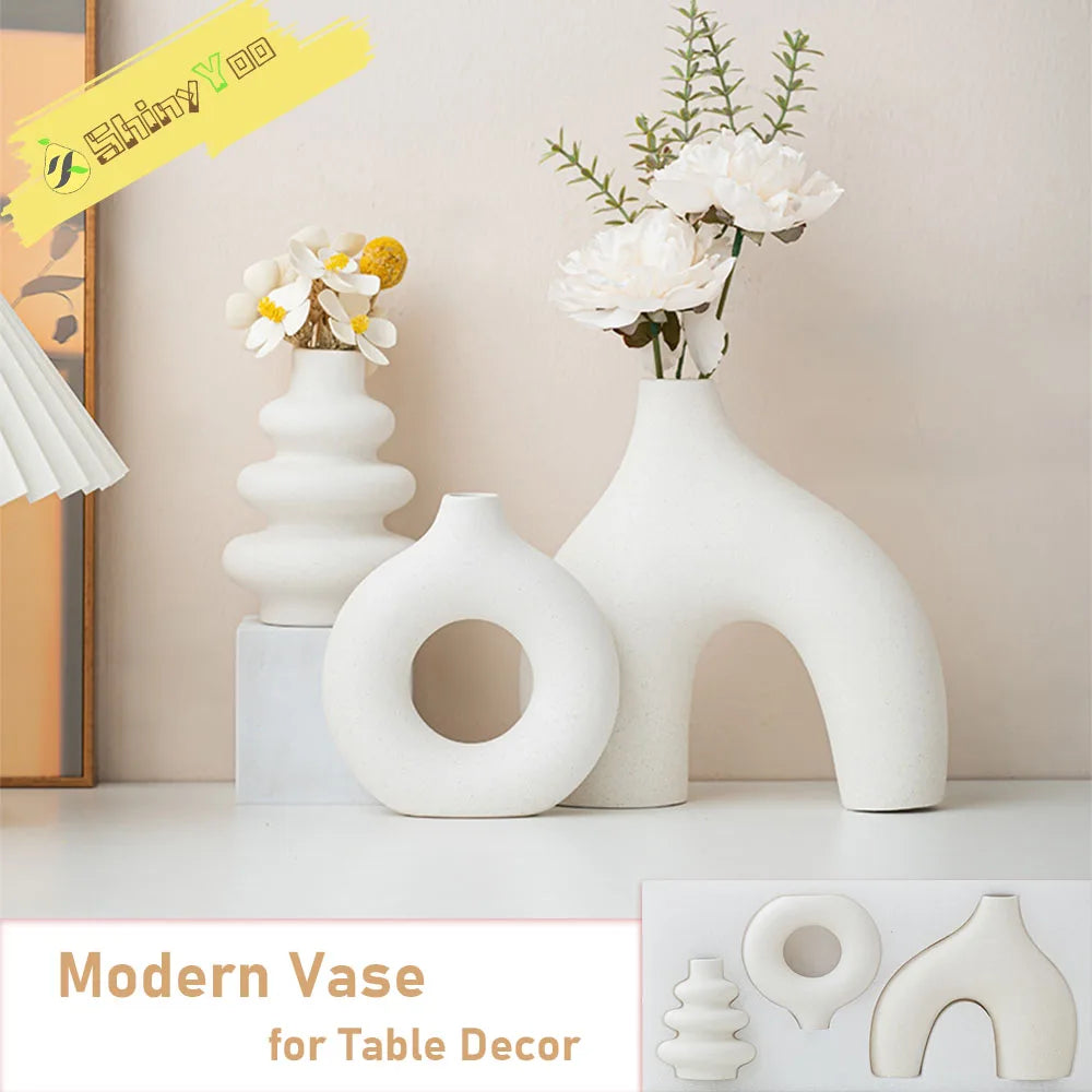 Lot de 3 Vases en Céramique Blancs – Design Nordique Moderne avec Finitions Dorées