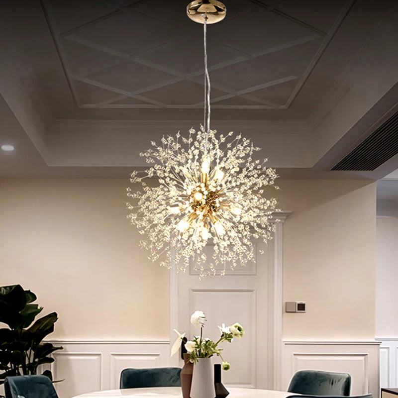 Lustre Cristal Pissenlit LED – Pendentif Boule de Feu Étoilée | Chrome & Or | 110V/220V