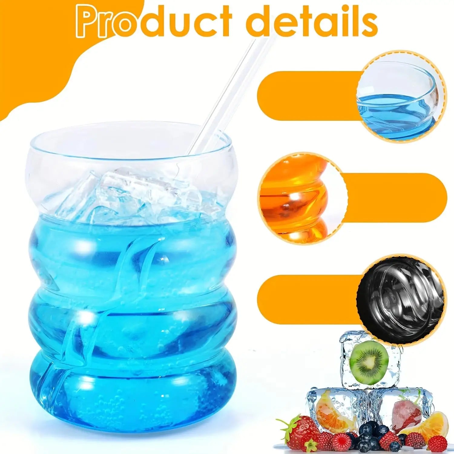 Tasse à Café en Verre Borosilicate 350ml avec Paille - Design Ondulation Vintage