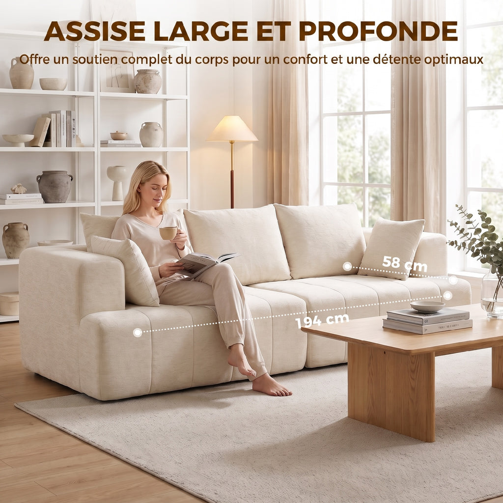 Canapé 3 places en chenille 248 cm, canapé salon moderne, large assise rembourrée, coussins à ressorts, beige