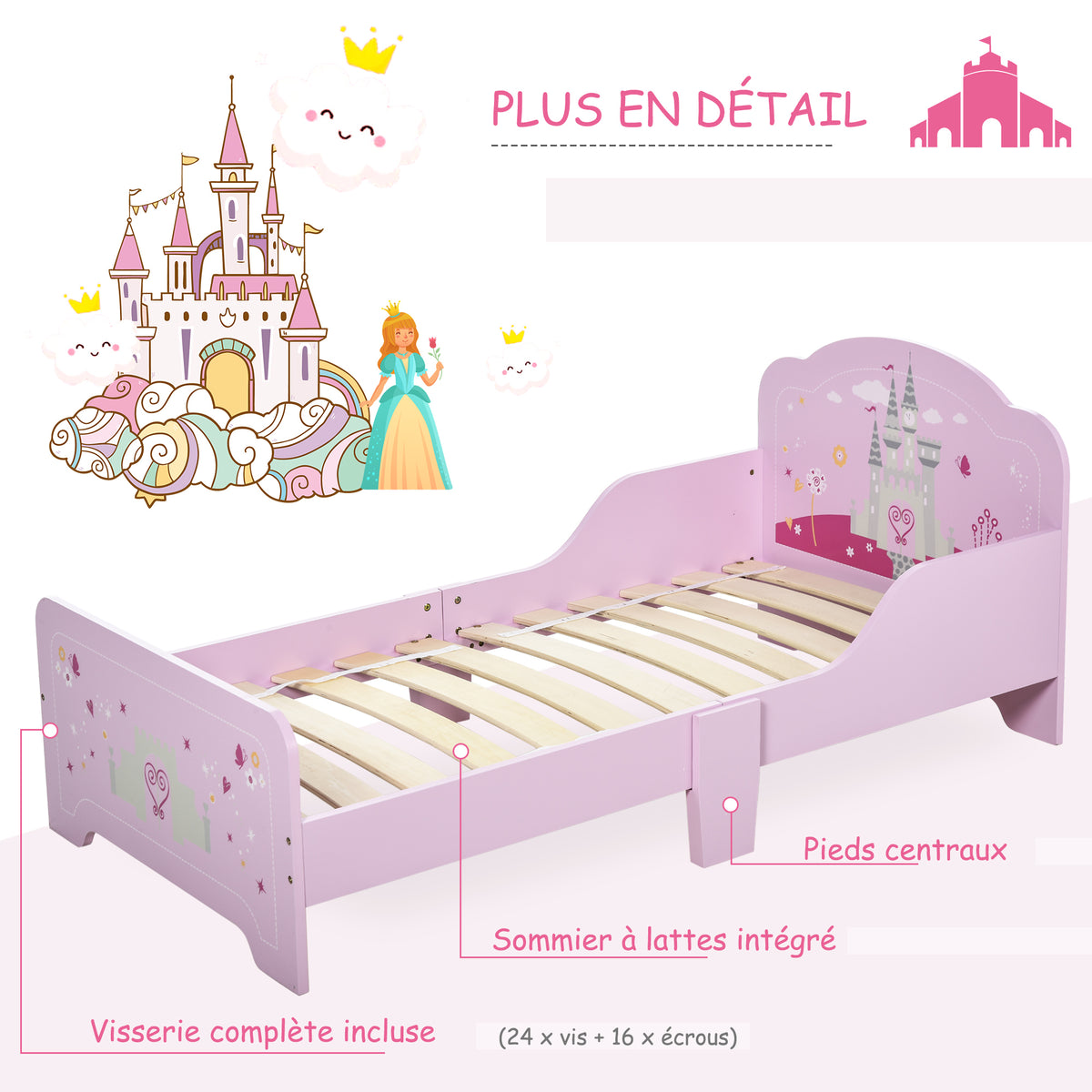 Lit Enfant 140 x 70 cm - lit d'enfant Design Princesse Motif château - sommier à Lattes Inclus - MDF Contre-plaqué Rose