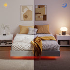 Cadre de lit flottant 140 x 190 cm avec éclairage LED, lit double rembourré en lin, sommier à lattes en bois, beige