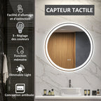 Miroir rond lumineux LED de salle de bain Ø 80 cm mural avec éclairage 3 couleurs interrupteur tactile 46W blanc argent
