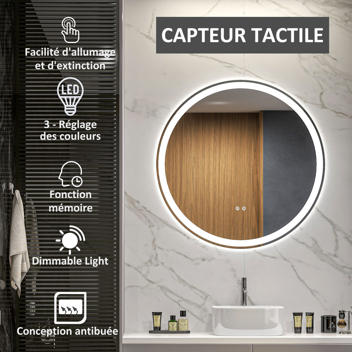 Miroir rond lumineux LED de salle de bain Ø 80 cm mural avec éclairage 3 couleurs interrupteur tactile 46W blanc argent