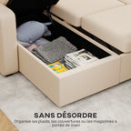 Canapé d'angle convertible en velours côtelé, canapé-lit 3 places avec rangement caché, coussins, 205x135x76cm, beige