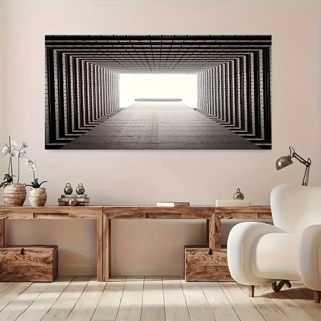 Tableau Toile Illusion Optique Tunnel 3D - Art Abstrait Monochrome Sans Cadre
