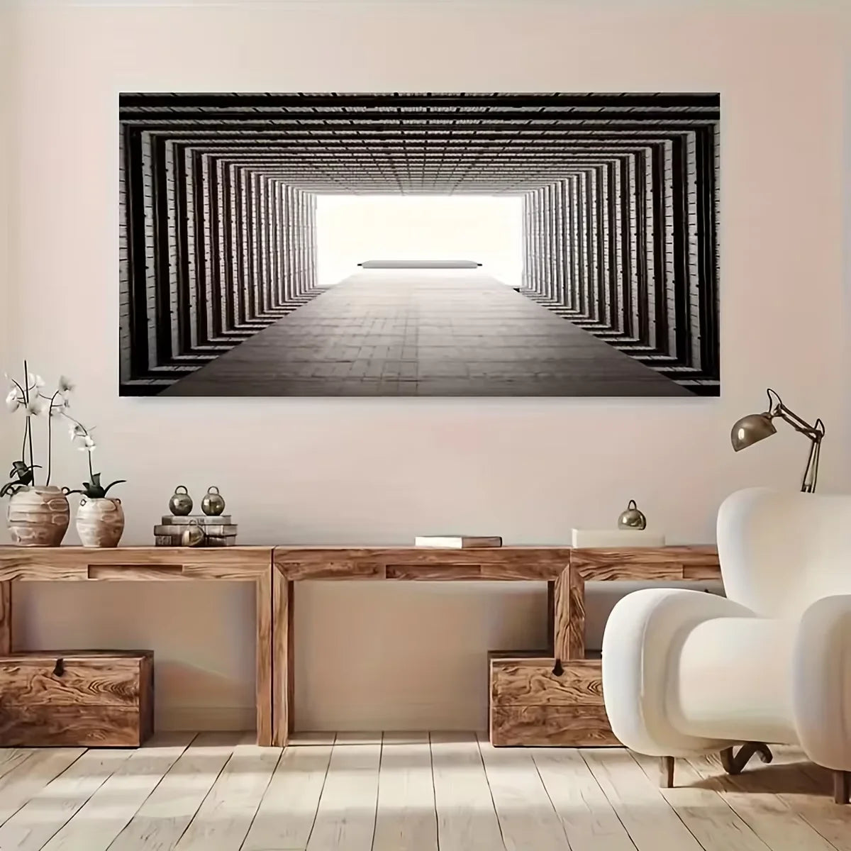 Tableau Toile Illusion Optique Tunnel 3D - Art Abstrait Monochrome Sans Cadre
