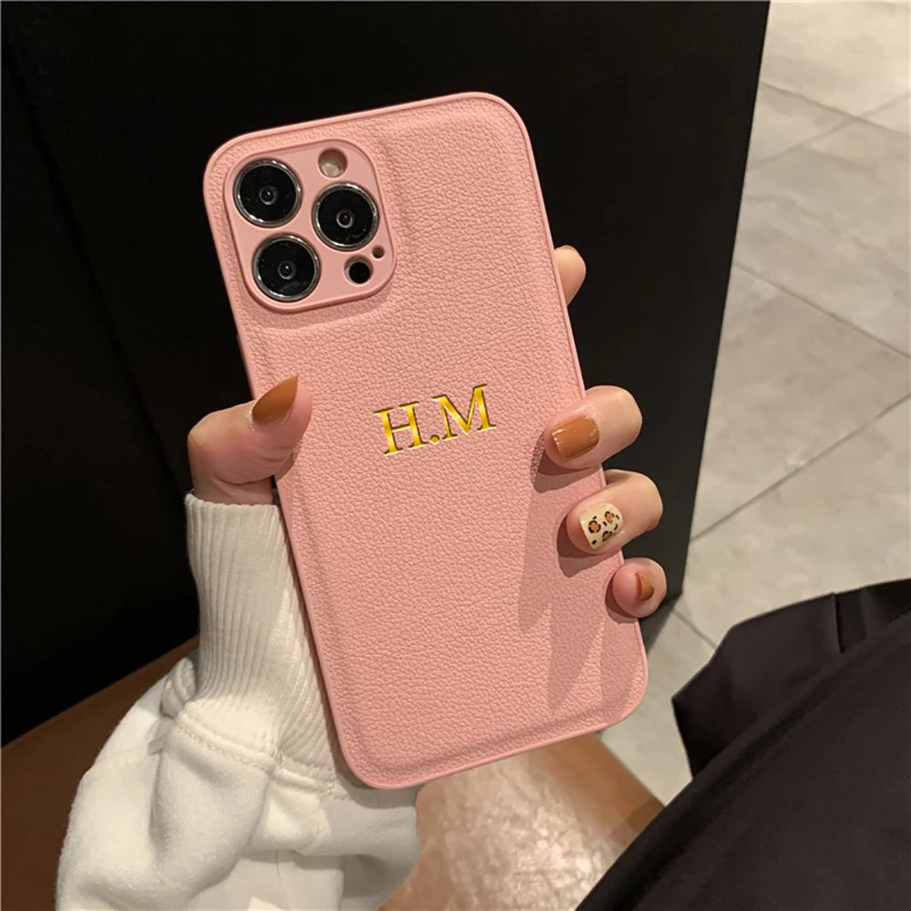 Coque iPhone Personnalisée en Cuir PU — Initiales & Prénom sur Mesure, Cadeau Luxe