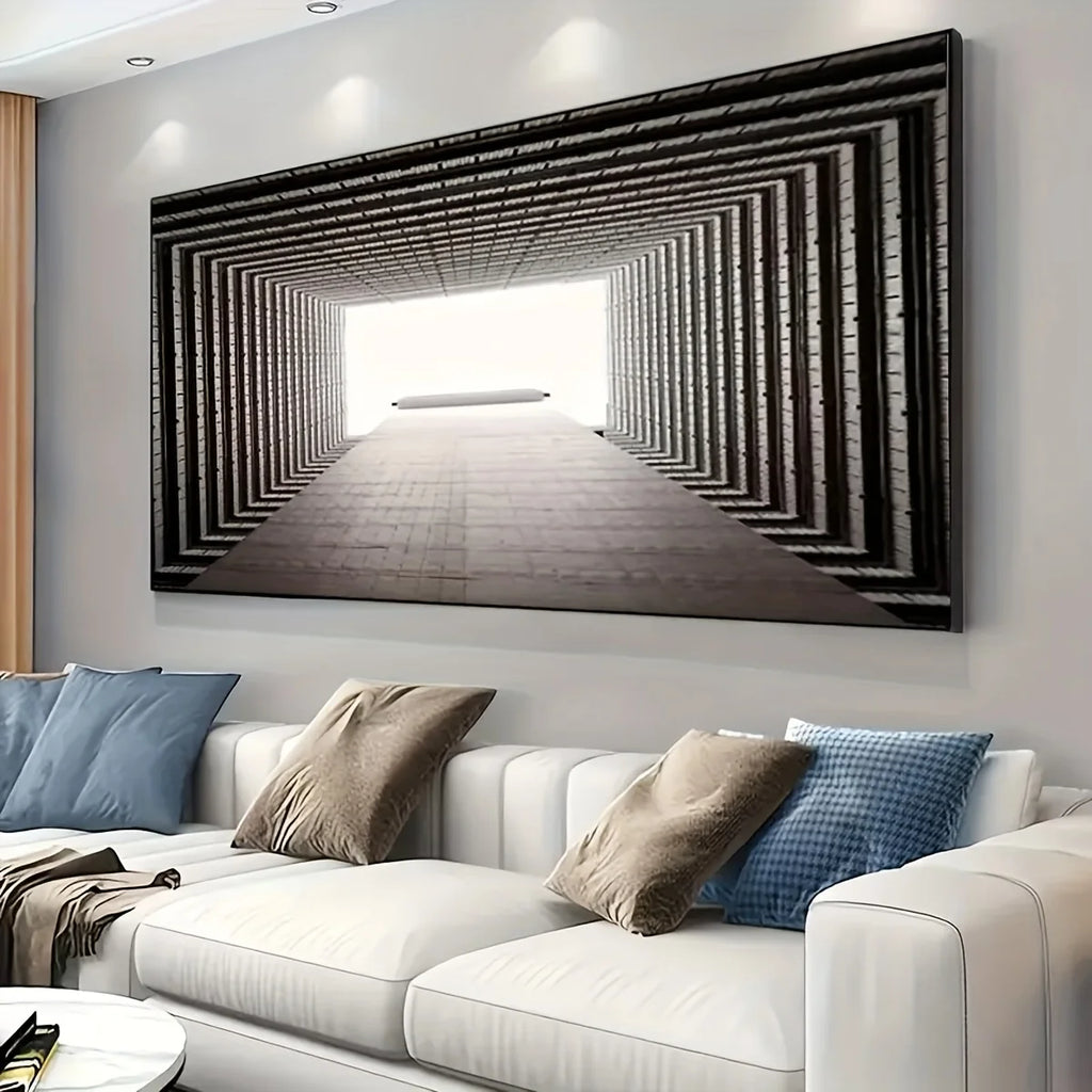 Tableau Toile Illusion Optique Tunnel 3D - Art Abstrait Monochrome Sans Cadre