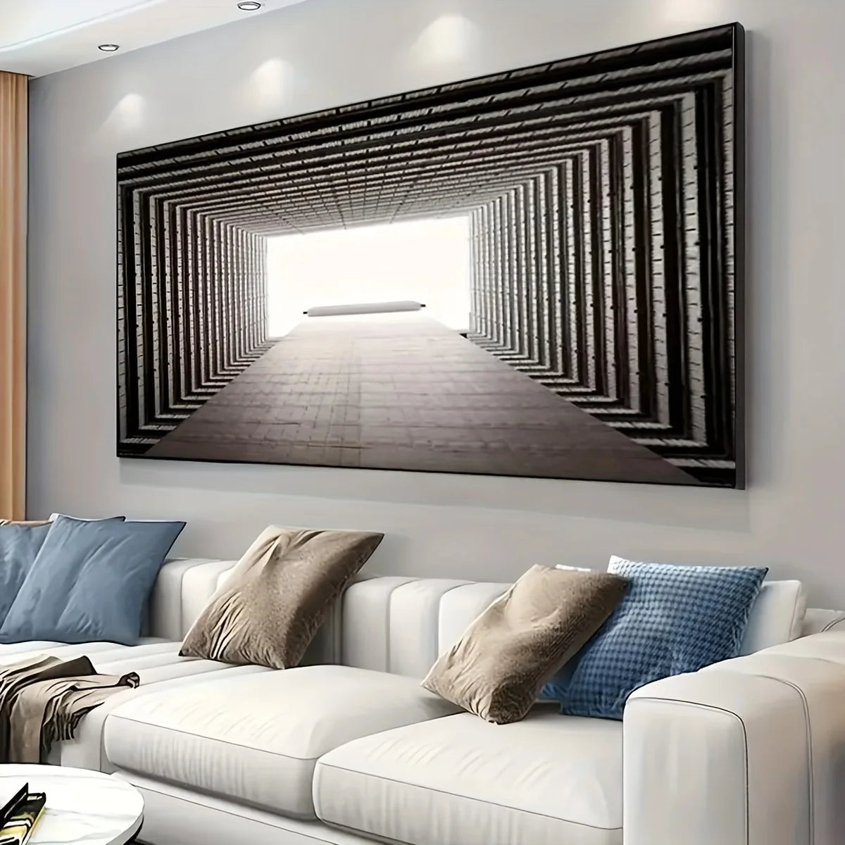 Tableau Toile Illusion Optique Tunnel 3D - Art Abstrait Monochrome Sans Cadre