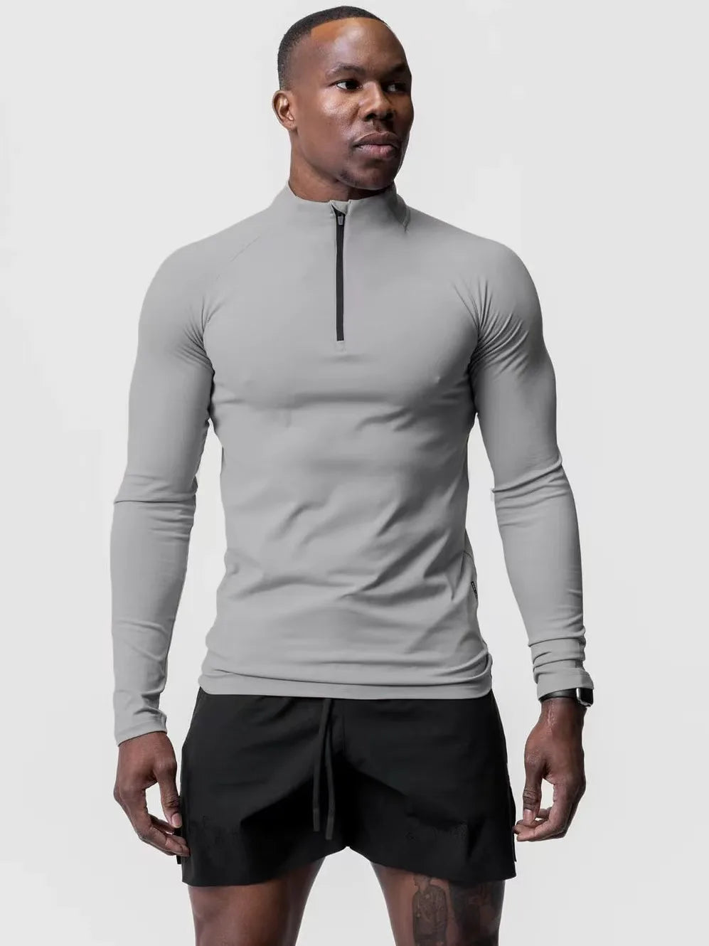 T-Shirt de Compression Sport Homme Manches Longues - Col Montant Demi-Zip pour Running et Fitness