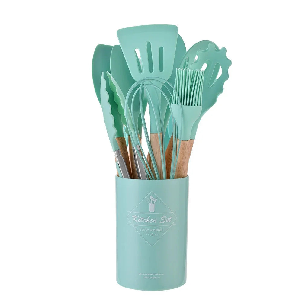Ensemble Ustensiles Cuisine Silicone 12 Pièces - Manche Bois & Porte-Ustensiles