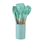 Ensemble Ustensiles Cuisine Silicone 12 Pièces - Manche Bois & Porte-Ustensiles