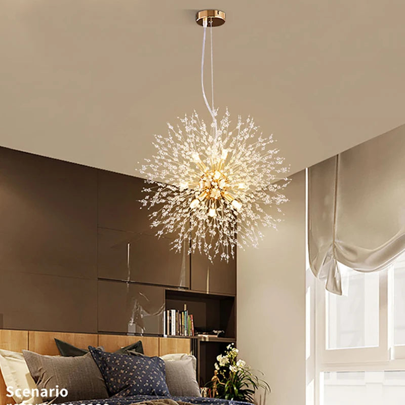 Lustre Cristal Pissenlit LED – Pendentif Boule de Feu Étoilée | Chrome & Or | 110V/220V