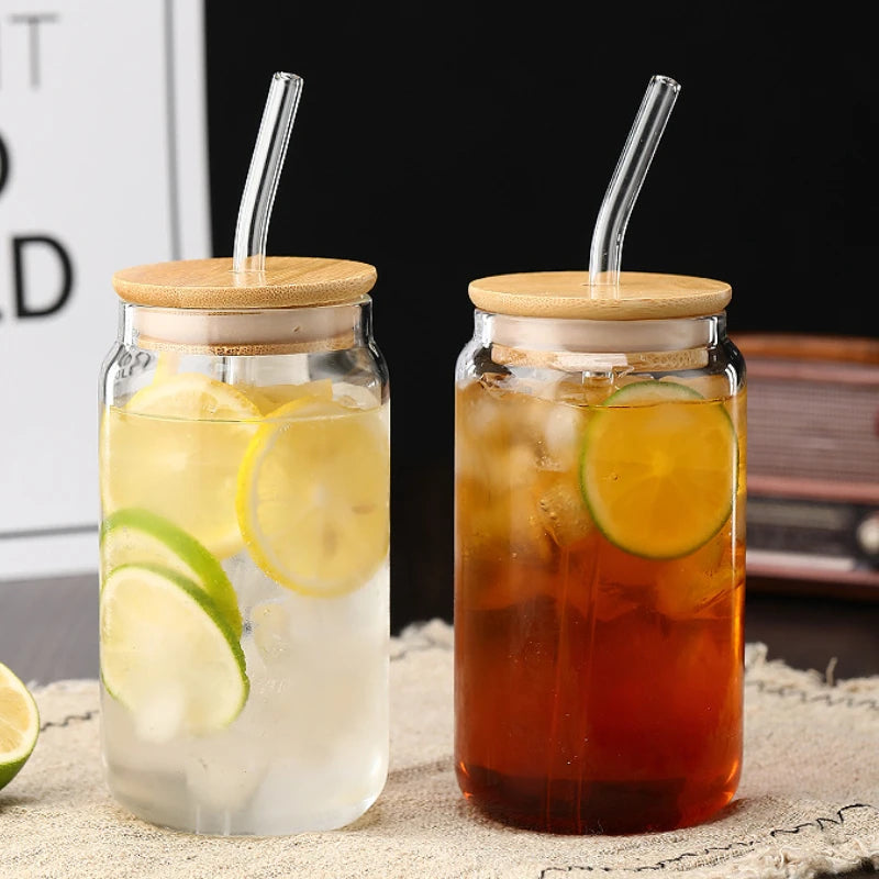 Tasse en Verre 550ml avec Couvercle Bois et Paille - Gobelet Transparent Polyvalent