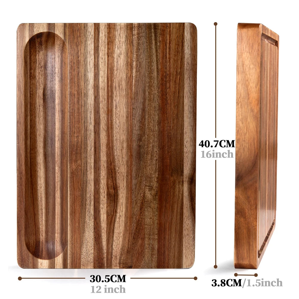 Planche à Découper en Bois d'Acacia Massif avec Rainure à Jus - Double Face Premium