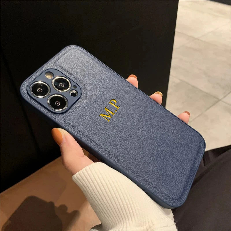 Coque iPhone Personnalisée en Cuir PU — Initiales & Prénom sur Mesure, Cadeau Luxe
